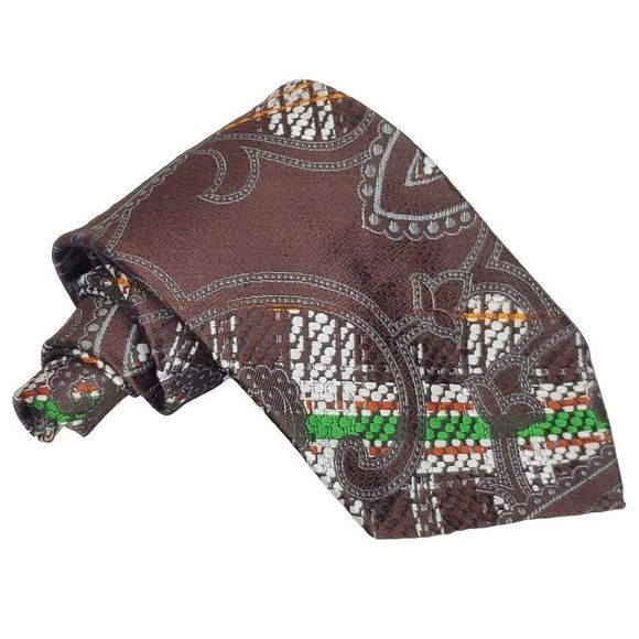 Vintage 70s Mens Wide Textured Necktie Geometric Paisley Stripe Tie Brown Green - Picture 1 of 3